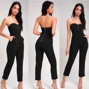 Black strapless jumpsuit with cropped pants and sweetheart neckline